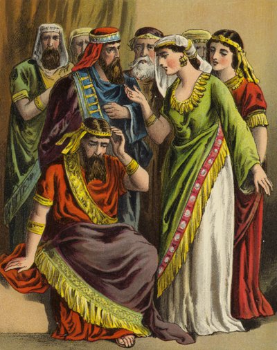 Die Geschichte von Königin Esther: Haman legt seine Beschwerde vor Zeresh, seiner Frau und allen seinen Freunden vor von English School