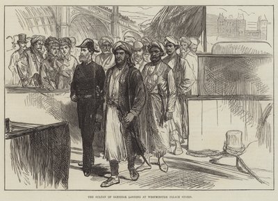 Der Sultan von Sansibar landet an den Westminster Palace Stairs (Stich) von English School