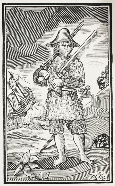 Das überraschende Leben und die seltsamsten Abenteuer von Robinson Crusoe aus der Stadt York, Seemann, Illustration aus Chap-books des achtzehnten Jahrhunderts von John Ashton, veröffentlicht 1882 von English School