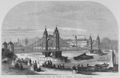 Die Hängebrücke über die Themse in Chelsea (Gravur) von English School