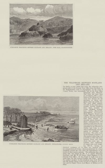 Das Telefon zwischen Schottland und Irland (Gravur) von English School