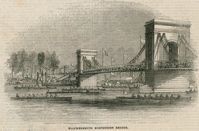Die Thames Regatta, Boote kurz vor der Durchfahrt unter der Hammersmith Bridge von English School