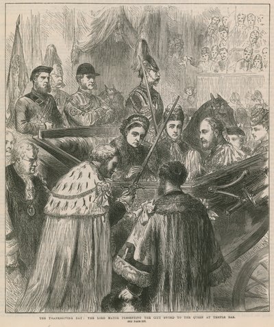 Der Danktag: Der Lord Mayor überreicht das Stadtschwert der Königin am Temple Bar von English School