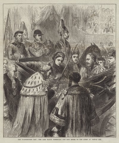 Der Erntedanktag, der Lord Mayor überreicht der Königin das Stadtschwert am Temple Bar von English School