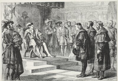 Die drei protestantischen Botschafter vor Kaiser Karl, Illustration aus Die Geschichte des Protestantismus von James Aitken Wylie, veröffentlicht 1878 von English School