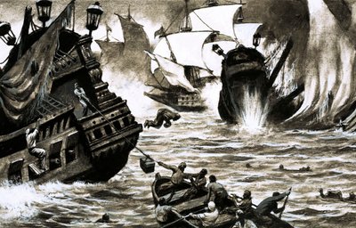 Die Schatzjäger: Spaniens versunkene Beute (Gouache auf Papier) von English School