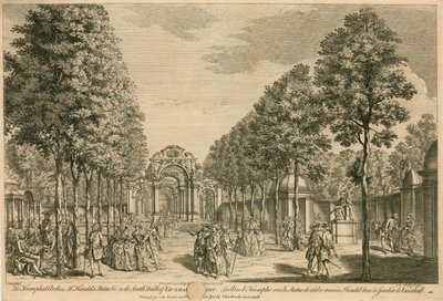 Die Triumphbögen, Mr. Handels Statue, im South Walk der Vauxhall Gardens, London von English School