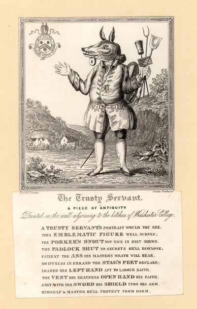 Der treue Diener, Gemälde von 1579 von dem englischen Dichter John Hoskins an der Wand neben der Küche des Winchester College, Hampshire von English School