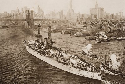 Das Schlachtschiff der Vereinigten Staaten, Texas, verlässt den New Yorker Hafen, Illustration aus 