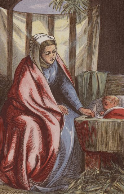 Die Jungfrau Maria beobachtet den schlafenden Erlöser (farbige Gravur) von English School