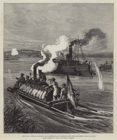 Der Krieg, russisches Kanonenboot und Torpedoboote kämpfen mit den Batterien bei Silistria (Stich) von English School