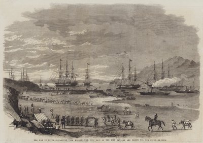 Der Krieg in China, Abfahrt der Sikh-Kavallerie und Truppen von Hockly Pier, Odin Bay, zum Peiho (Gravur) von English School