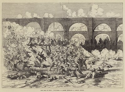 Der Krieg in Spanien, Freiwillige von Teruel wehren einen Carlistenangriff ab (Gravur) von English School
