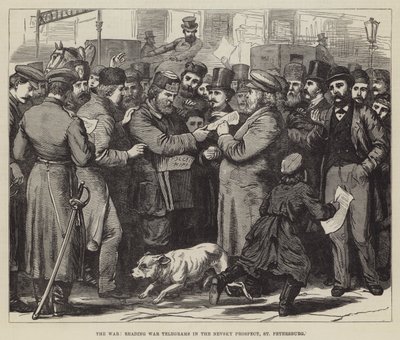 Der Krieg, Lesen von Kriegstelegrammen im Newski-Prospekt, St. Petersburg (Stich) von English School