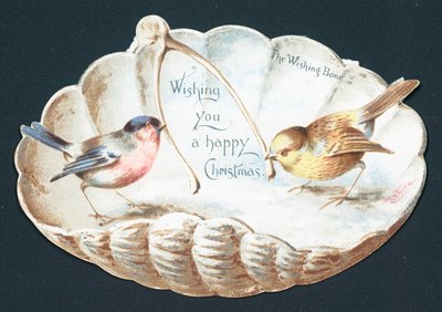 Der Wunschknochen, Vögel in Muschelschale, Weihnachtskarte von English School