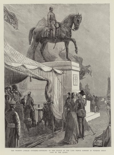 Das Jubiläumsangebot der Frauen, Enthüllung der Statue des verstorbenen Prinzgemahls im Windsor Great Park durch die Königin (Gravur) von English School