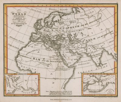 Die Welt, wie sie den Alten bekannt war, zeigt die Verteilung und vermutete Ansiedlung der Nachkommen Noahs von English School