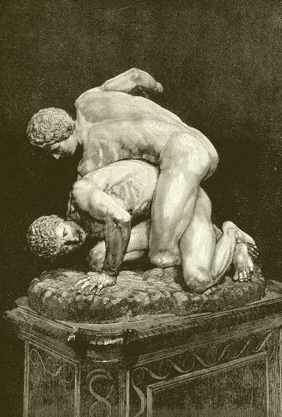 Die Ringer. Marmorgruppe in der Uffizien-Galerie in Florenz (Gravur) von English School