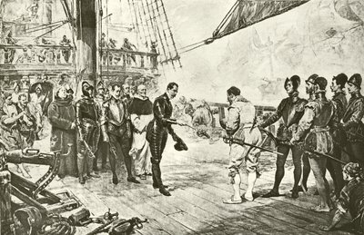 Der Admiral der spanischen Armada ergibt sich Drake (Gravur) von English School