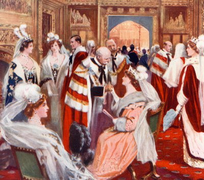 Das Vorzimmer des House of Peers vor der feierlichen Parlamentseröffnung von English School