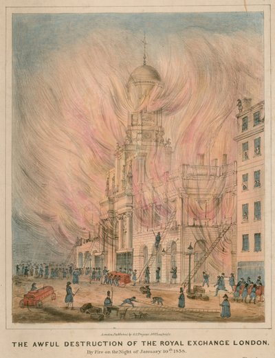 Die schreckliche Zerstörung der Royal Exchange in London durch Feuer in der Nacht des 10. Januar 1838 von English School
