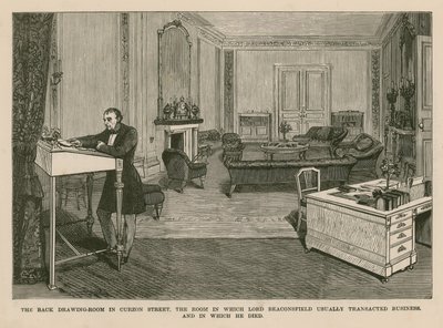 Das hintere Wohnzimmer in der Curzon Street, London. Der Raum, in dem Lord Beaconsfield normalerweise Geschäfte abwickelte und in dem er starb von English School