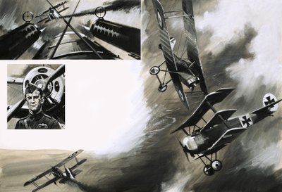 Die Schlacht zwischen britischen SE5s und Werner Voss in seinem Fokker-Dreidecker von English School
