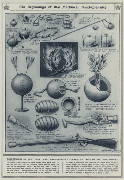 Die Anfänge der Kriegsmaschinen, Handgranaten, Vorläufer der Handgranate des Großen Krieges, frühere Typen explosiver Geschosse von English School