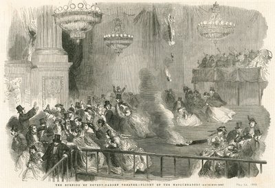 Das Brennen des Covent Garden Theatre, London - Flucht der Maskierten von English School