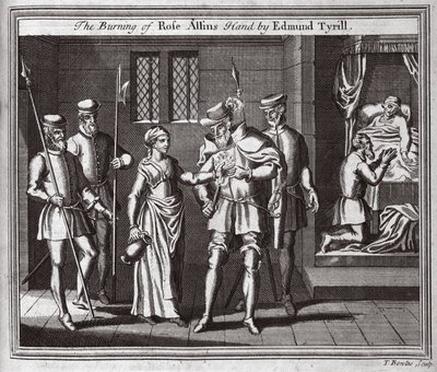 Das Verbrennen von Rose Allins Hand durch Edmund Tyrill, Illustration aus Foxes Märtyrer, ca. 1703 von English School
