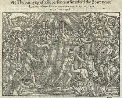 Das Verbrennen von dreizehn Personen in Stratford le Bow (Gravur) von English School