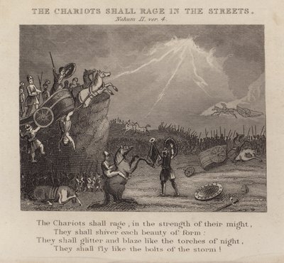 Die Streitwagen rasen durch die Straßen, Nahum II, Vers 4 von English School
