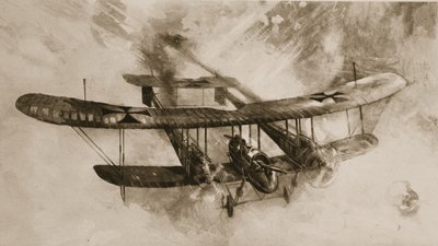 Das Kommen des großen Kampfflugzeugs: das doppelt so große deutsche Doppeldeckerflugzeug, das britische Flieger bekämpft haben, aus The Illustrated War News von English School