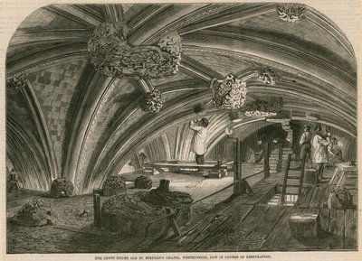 Die Krypta unter der alten St. Stephens Kapelle, Westminster, derzeit in Restaurierung von English School
