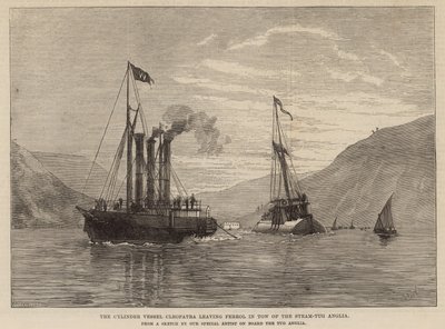 Das Zylinderschiff Cleopatra verlässt Ferrol im Schlepptau des Dampfschleppers Anglia von English School