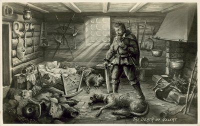 Der Tod von Gelert, Llewellyns Hund, Szene aus William Robert Spencers Gedicht Beth Gelert; oder, das Grab des Windhundes von English School