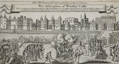 Die Beschreibung von Windsor Castle, Illustration aus Acts and Monuments von John Foxe, neunte Ausgabe, veröffentlicht 1684 von English School