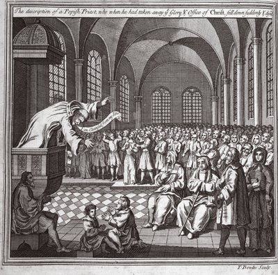 Die Beschreibung eines papistischen Priesters, der, nachdem er die Herrlichkeit und das Amt Christi weggenommen hatte, plötzlich fiel und starb, Illustration aus Foxes Märtyrer, ca. 1703 von English School
