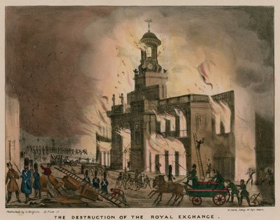 Die Zerstörung der Royal Exchange, London, durch Feuer in der Nacht des 10. Januar 1838 von English School