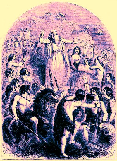 Die Druiden ermutigen die Briten, die Landung der Römer zu verhindern, Illustration aus Cassells Illustrierter Universalgeschichte von Edward Ollier, veröffentlicht 1890 von English School