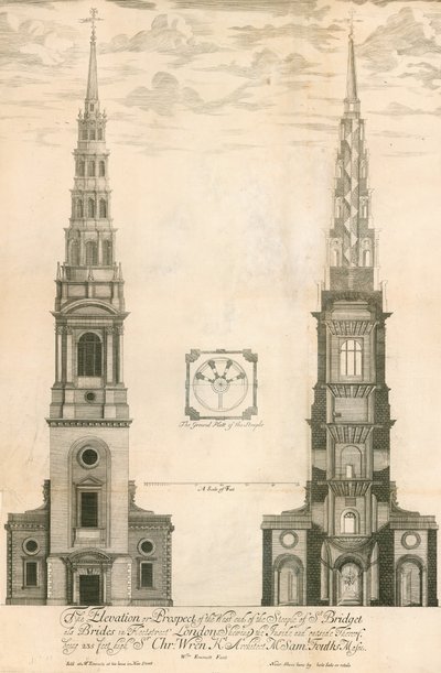 Erhebung und Aussicht des Westendes des Turms der St Brides Kirche in der Fleet Street, London von English School