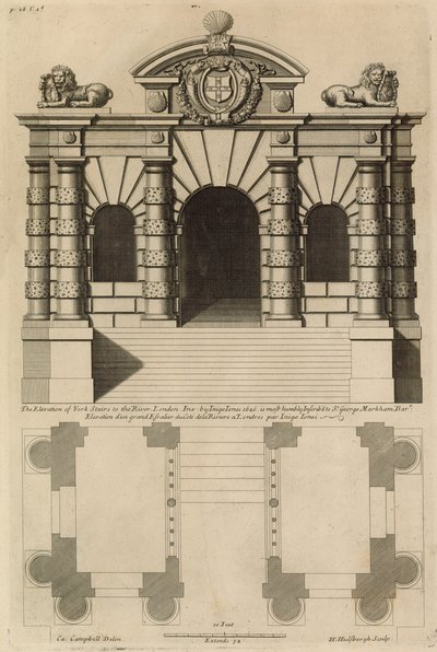 Die Erhebung der York Stairs zum Fluss Thames einschließlich eines Bauplans von English School