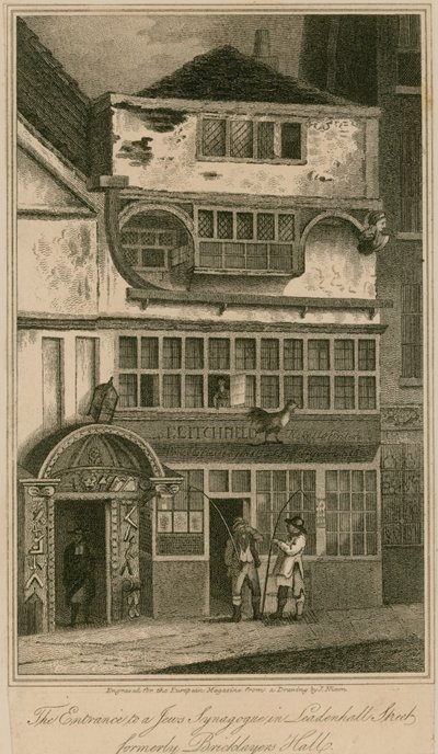 Der Eingang zu einer jüdischen Synagoge in der Leadenhall Street, London, ehemals Bricklayers Hall von English School