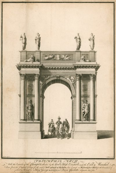 Der Eintritt des Champions, begleitet vom Lord High Constable und dem Earl Marshal, durch den Triumphbogen von English School