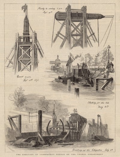 Die Errichtung der Nadel der Kleopatra am Thames Embankment von English School