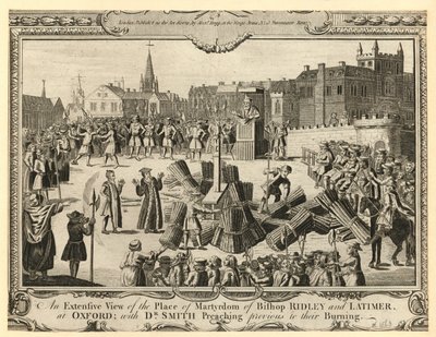 Die weite Ansicht des Ortes des Martyriums von Bischof Ridley und Latimer von English School