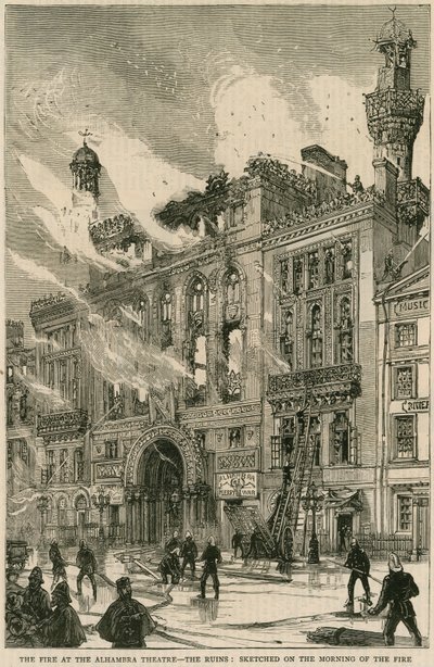 Der Brand im Alhambra Theatre - die Ruinen, skizziert am Morgen des Brandes, 7. Dezember 1882 von English School