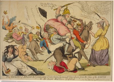 Der Geist Frankreichs, der Despotismus, Tyrannei und Unterdrückung von der Erde ausrottet, oder die königlichen Krieger besiegt, 1792 (handkolorierte Radierung) von English School