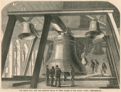 Die große Glocke und die Viertelglocken an ihrem Platz im Uhrturm, Westminster von English School