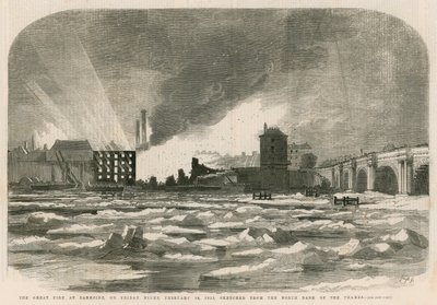 Das große Feuer am Bankside in der Nacht zum Freitag, 14. Februar 1855, skizziert vom Nordufer der Themse von English School